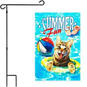 Combo Pack: Garden Flag Stand Black 36x16 Inch & Garden Flag Summer Fun with Cat in Pool 12x18 Inch