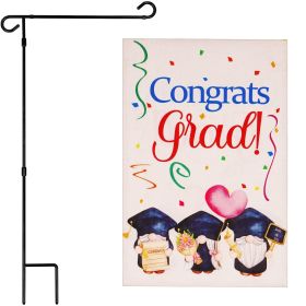 Combo Pack Garden Flag Stand Black 36x16 in & Garden Flag Congrats Grad Decoration Three Gnomes Graduating 12x18 inch Double-Sided Burlap Fabric