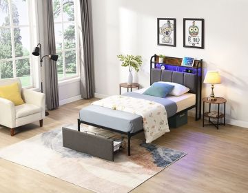 Twin Bed Frame, Storage Headboard with Charging Station, Solid and Stable, Noise Free, No Box Spring Needed, Easy Assembly