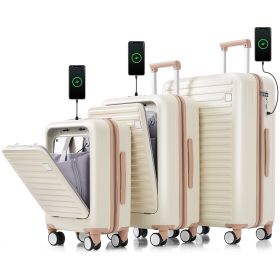 Luggage Set of 3, 20, 24, 28inch with USB Port, 20, 24inch with front opening design Airline Certified Carry on Luggage with Cup Holder